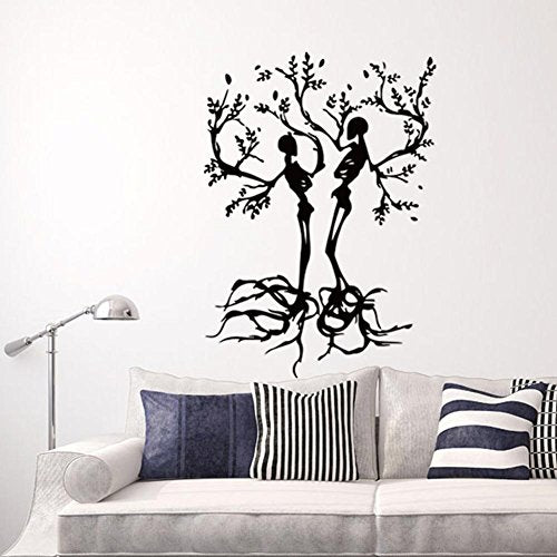 BIBITIME Halloween Vinyl Couple Skull Tree Wall Decal Black Skeleton Sticker for Living Room Porch Sofa Background Decorations Shop Showcase Window Kids Room Decor