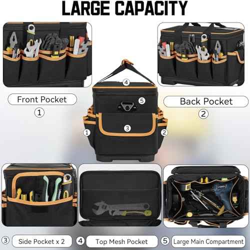 14 Inch Tool Bag with Waterproof Hard Bottom, Large Multi-Pockets Tool Tote Box Organizer Heavy Duty Storage Case