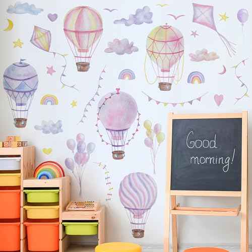 Large Hot Air Balloon Wall Decals Stars Clouds Balloon Vinyl Wall Stickers Colorful Kites Rainbow Wall Art Stickers for Kids Baby Nursery Bedroom