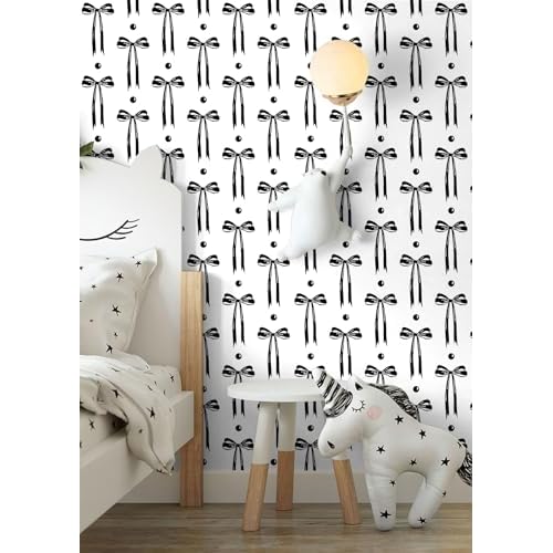 HAOKHOME Black Wall Paper Peel and Stick Modern Bow Ties Wallpaper Removable for Nursery Black/White Contact Paper 17.3in x 9.8ft
