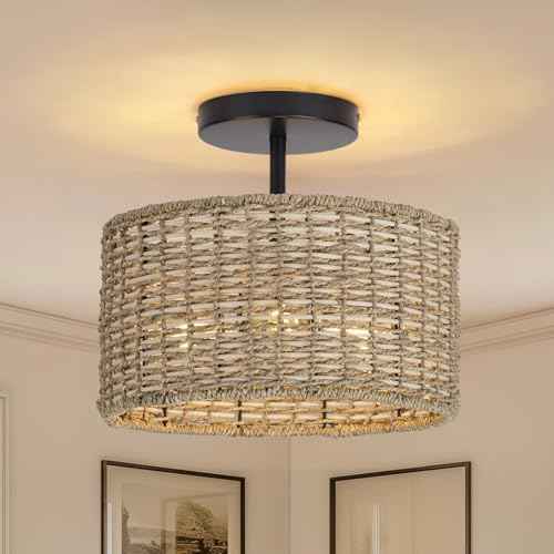 Boho Light Fixtures Ceiling Mount,12.6" Rattan Ceiling Light Fxiture,3-Light Semi Flush Mount Light Fixture,Farmhouse Wicker Ceiling Light for Hallway Bedroom Kitchen Nursery Entryway
