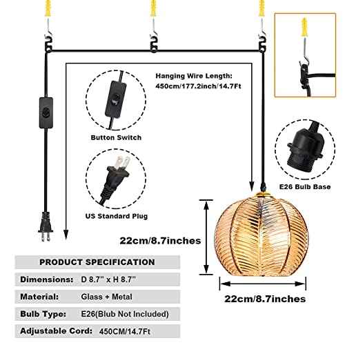 Plug in Glass Pendant Light Mid-Century Modern Striped Amber Glass Hanging Ceiling Lighting Fixture with 14.7FT Cord, Globe Decor Chandelier For Living Room, Bedroom, Dining Hall, Kitchen (Amber)