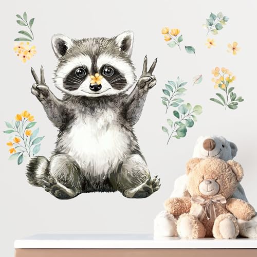 Yovkky Lovely Raccoon Wall Decals Stickers, Woodland Animals Flower Leaves Toddler Baby Nursery Decor, Forest Home Decorations Kids Bedroom Playing Room Classroom Art