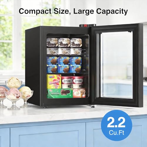 Electactic Mini Freezer, 2.2 Cu.ft Compact Upright Freezer with Glass Door Display, 7 Temperature Settings, -10°F to -18°F Deep Freezing, Quiet Freezer for Home Use, Black