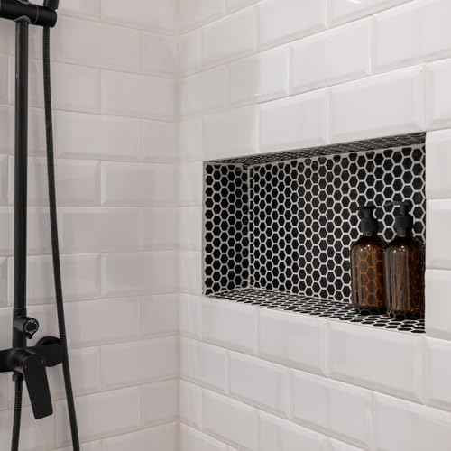 VEVOR Shower Niche, 16 x 28 x 4 inch Recessed Wall Niche with Movable Divider Shelf, Modern Soap & Shampoo Storage Organizer, Square Corners, Sealed Waterproof Design, Black for Bathroom Shower