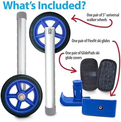 Universal Walker Wheel Kit: 5 Inch Sport Wheels and FlexFit Ski Glides (Dark Blue)