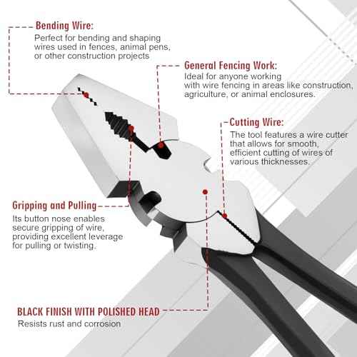 10'' Button Fence Pliers for Bending Cutting and Gripping Flat Nose Wire Cutter Plier for Construction and Wire Fencing Resists Rust and Corrosion