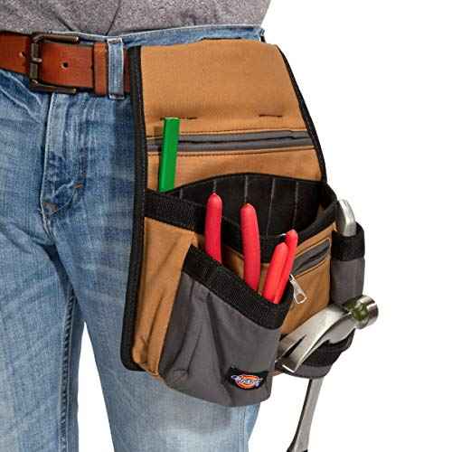 Dickies 11-Pocket Tool/Utility Storage Pouch for Tool Belt, Durable Canvas, Puncture-Resistant Backing, Screwdriver Pockets, Zippered Security Pocket, Hammer Loop, 2-inch Tunnel Loop, Grey/Tan