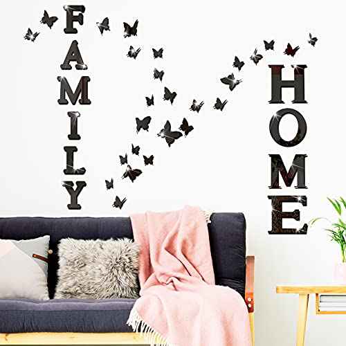 Outus 3D Family Home Sign Letters Living Room Decor Family Rustic Farmhouse Wall Decor Acrylic Mirror Decorative Butterfly Mirror Wall Sticker Decals for Living Room Bedroom Kitchen (Black)