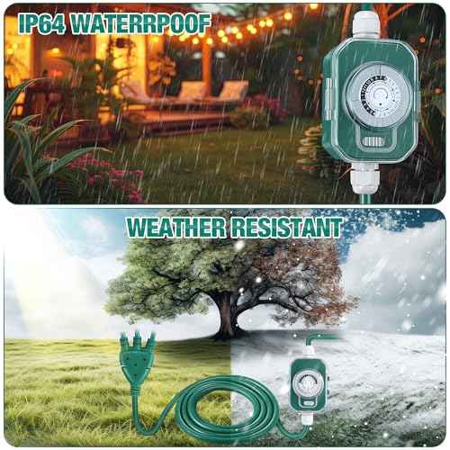Feekoon 40 Ft Extension Cord Outdoor with Outlet Timer, 1 to 3 Splitter Extension Cord with Multiple Outlets 16/3 SJTW Green Split Cable Weatherproof Covers for Holiday Christmas Lights