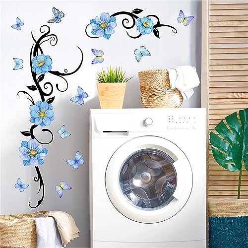 Blue Flower Vine Butterfly Wall Stickers, sacinora Floral Art Wall Decals Removable Vinyl Peel and Stick Wall Mural for Living Room Bedroom Nursery Children's Room Furniture Door Decorations