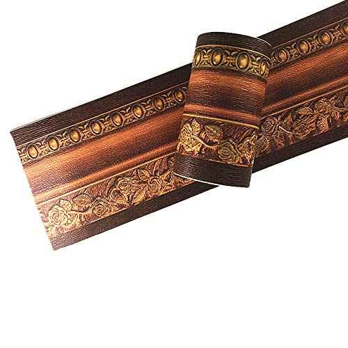 Simplemuji 3D Self Adhesive Decorative Floral Molding Waterproof Wallpaper Border Peel and Stick for Bathroom Kitchen Counter Top Tiles Sticker,4 Inch by 16.5 Feet (Dark Brown Wood Grain )
