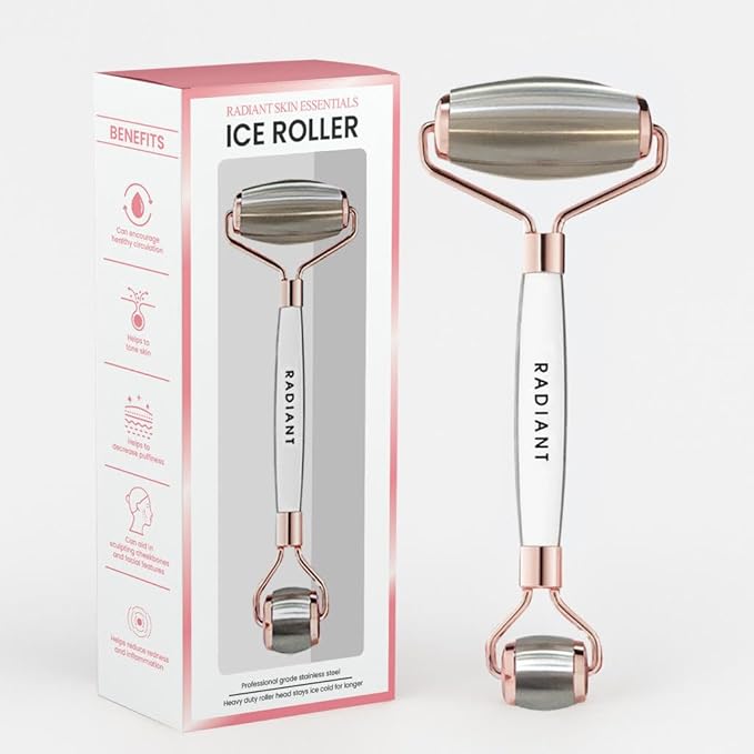 Ice Roller for Face, Dual-Head Stainless Steel, Rose Gold, Facial Massage Tool for Puffiness Reduction, Skin Tightening, Circulation
