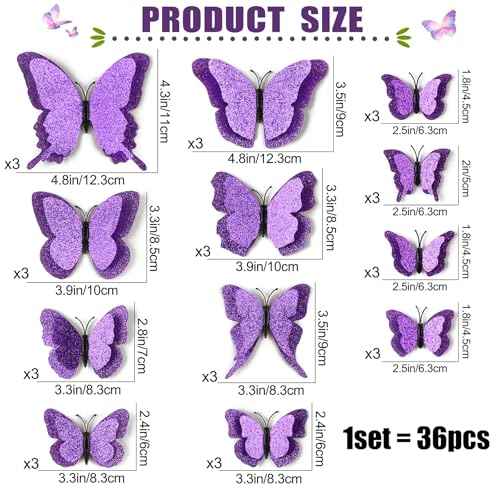 LiveGallery 36pcs Removable 3D Double Side Wings Butterfly Wall Stickers DIY Glittering Twinkle Butterflies Wall Decals Butterfly Wall Art Decor Decoration for Home Kids Bedroom Nursery (Purple)
