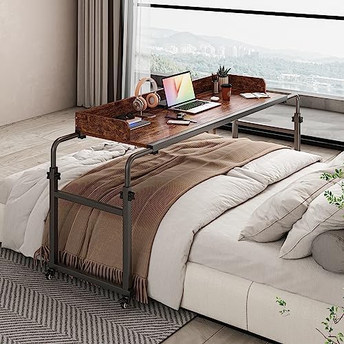 Overbed Table with 360° Wheels, Queen Size Mobile Bed Desk, Recliner Table Over Bed Table Adjustable Height and Length Overbed Table with Heavy Duty Metal Leg for Hospital and Home use