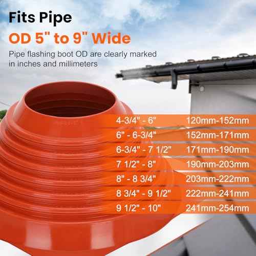 #6 Metal Roof Pipe Flashing Boot, Metal Roofing Pipe Flashing Boot Fits Pipe OD 5" to 9" Wide, Includes Flexible Silicone High Temp Roof Vent Boot, Hex Socket x2, Roofing Screw x50, Square Base, Red