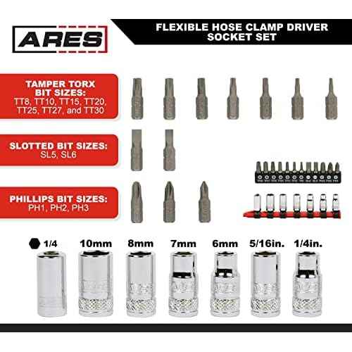ARES 51021 ? 20-Piece Multipurpose Flexible Screwdriver Set ? 90 Degree Flex Shaft ? Phillips, Slotted, and Tamper Torx Bits and 1/4-Inch Drive Sockets