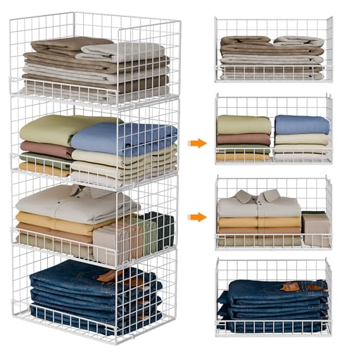 4-Tier Stackable Closet Organizers and Storage Basket, Foldable Closet Shelf Organizer System, Space-Saving Clothes Storage Drawer Organizer for Wardrobe, White (Patent Pending)