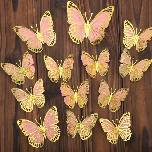 24pcs 3D Butterfly Wall Decor, 3 Sizes Hollow Butterfly Decorations Wall Stickers Removable Butterflies Art Decals for Bedroom Living Room Party Decor (Pink Gold)