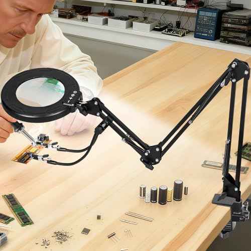 12X Magnifying Glass with Light and Clamp, Ultra Long 3-Section Arm LED Lighted Desk Magnifier, Helping Hand Solder Station, 5 Color Stepless Dimming, 4-Way Large Clip for Craft Workbench Repair