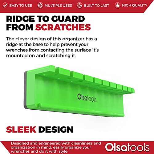 Olsa Tools Magnetic Wrench Holder Organizer - Green - Fits SAE 3/8" to 15/16" & Metric 10mm to 19mm - Durable Tool Storage Solution - Part 1141
