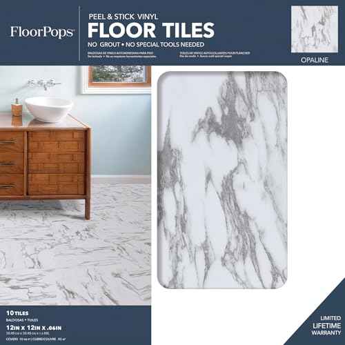 FloorPops FP3329 Opaline Peel Stick Floor Tiles, White & Off-White