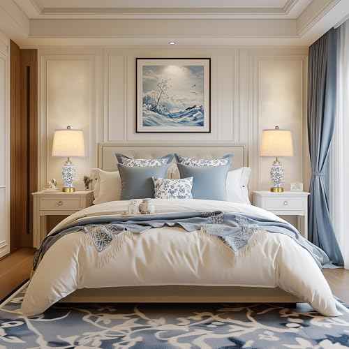 RORIANO Chinoiserie Ceramic Table Lamps Set of 2 for Living Room Bedroom Bedside, Traditional Blue Porcelain Classic Table Lamp for Nightstand Entryway, 2 LED Bulbs Included (Gold)