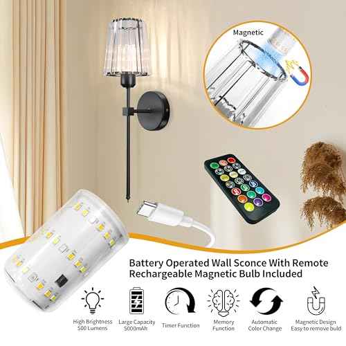 Battery Operated Crystal Wall Sconces Set of Two, Black Wireless Wall Lamp with Crystal Shades, Rechargeable LED Bulbs, 12-Colors Dimmable, Remote for Bedroom, Living Room, Bulbs Included