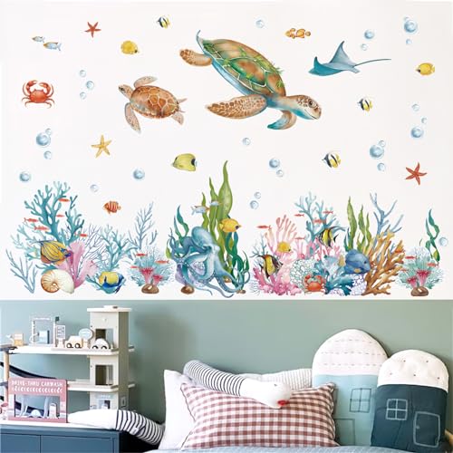 wondever Ocean Grass Seaweed Wall Stickers Under The Sea Turtle Coral Reef Tropical Fish Wall Art Decals for Baby Nursery Kids Bedroom Bathroom