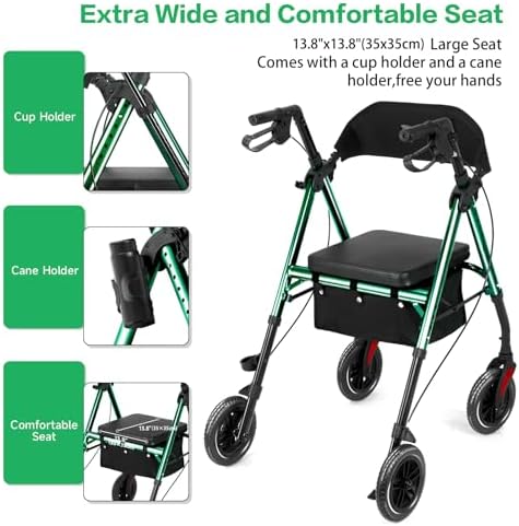 Amblisss Walkers for Seniors with Seat, Foldable Rollator Walkers, 300 lbs Weight Capacity, 8" Wheels Dual Height Ajustable, Rolling Walker with Seat for All-Terrain, Green