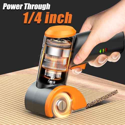 KOMAX Cordless Electric Scissors,4V Cardboard Cutter with 3 Blades,Rechargeable 2000mAh Battery,Storage Box,Fabric Scissors Electric Box Cutter for Cardboard,Leather,Carpet,Fabric,Plastic - Black
