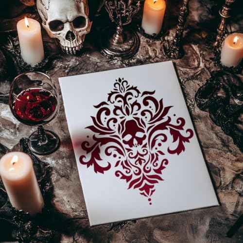 Skull Damask Stencil for Painting, 11.8"x11.8"Reusable Spliced Halloween Stencil Drawing Template, Baroque Retro DIY Craft Paint Template for Wall Home Decor Wood Burning Card Journal Canvas