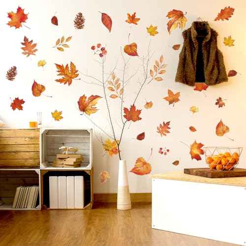 Fall Wall Stickers Maple Leaves Wall Decals Small Room Mural Stickers for Autumn Thanksgiving Home School Office Party Decor, 7.9 x 11.8 Inch, 9 Sheets
