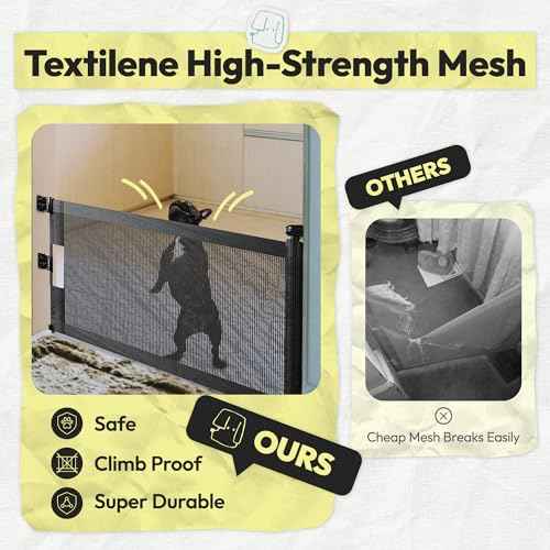 Retractable Short Dog Gate with Drill Installation - 15.7" H Mesh Pet Gate, Extends Up to 50" W, Small Dog Gate for Stairs, Easy Step Over Low Puppy Gate for Doorways Indoor Outdoor Black