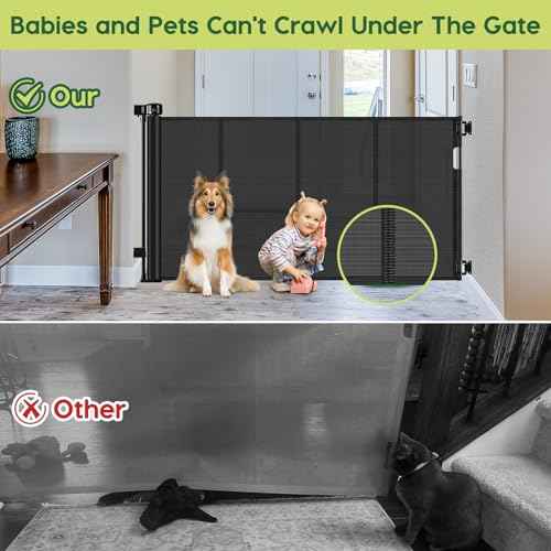 Reinforced 55" Wide Retractable Baby Gates with Reinforced Strips, Indoor/Outdoor Retractable Dog Gate for Doorway Prevent Bottom Drilling Through, No Bottom Bar Safety Mesh Baby Gate for Stair, Black