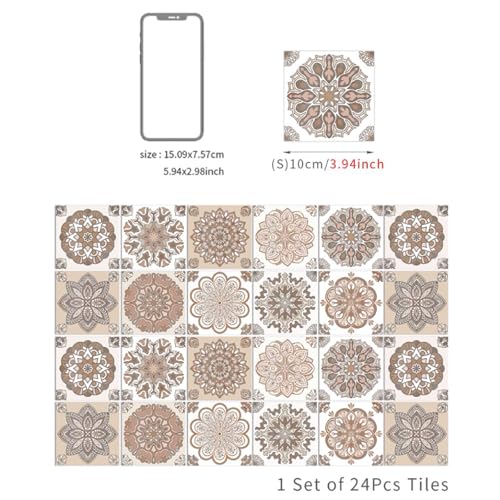 24PCS Mandala Tile Stickers Set, Peel and Stick Wall Tile Wall Decor for Home Bathroom Kitchen,Wall Sticker Backsplash Waterproof PVC Decoration Stickers, 4x4 Inch (Brown)
