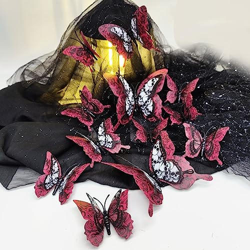 24 Pcs Halloween Wall Stickers - 3D Double-Layer Butterfly Wall Decor & Window Decals for Home Room Art DIY Decoration (Red & Black, Removable)