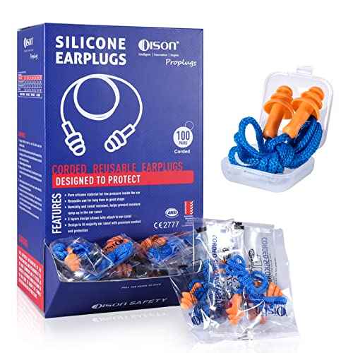 Dison 100Pairs Silicone Ear Plugs, 32dB Corded Reusable Earplugs for Hearing Protection, Noise Reduction for Shooting Range, Work, Travel