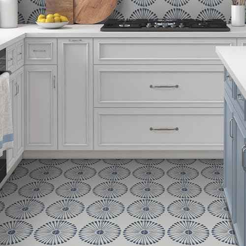16-Sheet Peel and Stick Floor and Wall Tile, 9" x 9" Blue Stone Composite Self Adhesive Vinyl Flooring, Patterned Flower Groutble Backsplash Tile for Kitchen Bathroom Shower