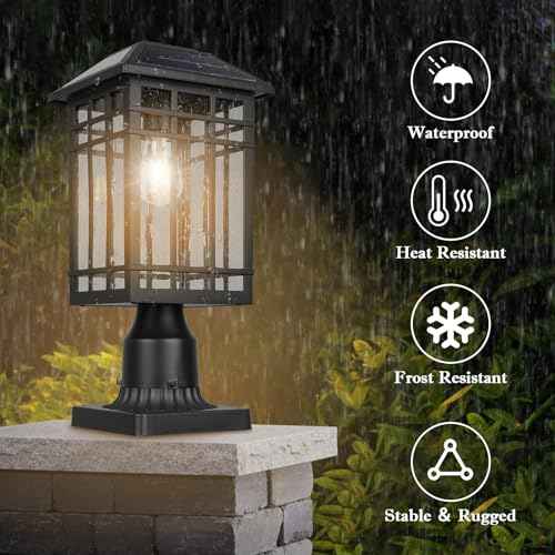 Solar Post Lights, Outdoor Post Lights Solar Powered, Waterproof Anti-Rust Black Post Lights with Seeded Glass, LED Solar Powered Lamp for Front Door, Porch, Garage, and Patio £¨Bulb Included£©SR018-P