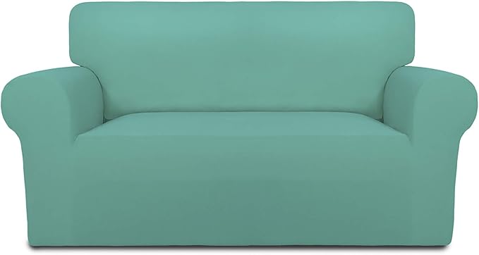PureFit Super Stretch Sofa Slipcover – Spandex Non Slip Soft Couch Sofa Cover, Washable Furniture Protector with Non Skid Foam and Elastic Bottom for Kids, Pets （Loveseat, Cyan）