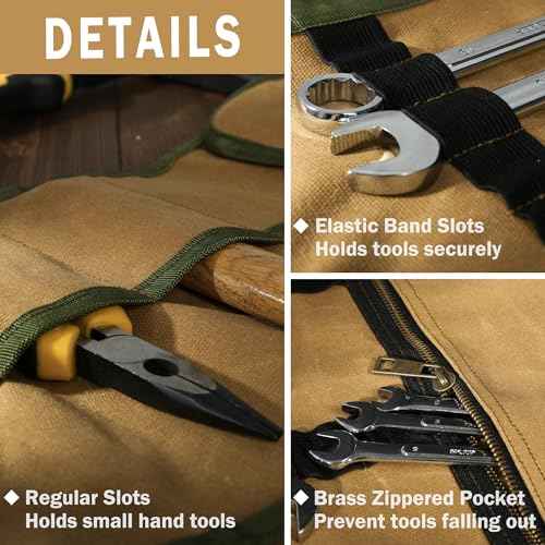 Canvas Tool Roll, Portable Roll Up Tool Pouch - 16OZ Waxed Canvas Wrench Organization | with 12 Slots & Elastic Band & 1 Zippered Pocket | for Pliers Chisels Spanners Screwdrivers