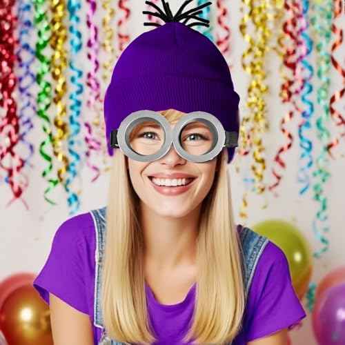 Halloween Costume Adult Accessories, Purple Beanie, Goggles Glasses and Gloves for Men Women Kids, Halloween Cosplay Party Set