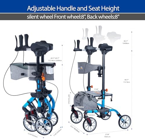 Lightweight Upright Rollator Walker All-Terrain Ultra Compact One-Click Folding with seat and Adjustable Height backrest, 300 lbs Capacity, 8" Wheels for Seniors, Adults, Includes Cane Holders