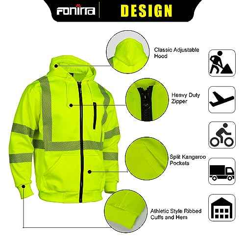 FONIRRA High Visibility Safety Work Hoodie for men Construction Hi Vis Reflective Fleece Sweatshirt with Zipper ANSI Class 3