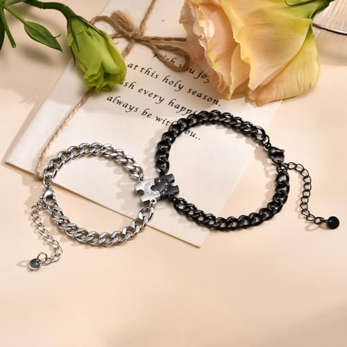 Matching Bracelets for Couples : Long Distance Relationship Gifts Puzzle Heart Stainless Steel Bracelets for Women Men His Hers Bracelets Set for Bf gf Husband Wife Friends Anniversary Promise Gift