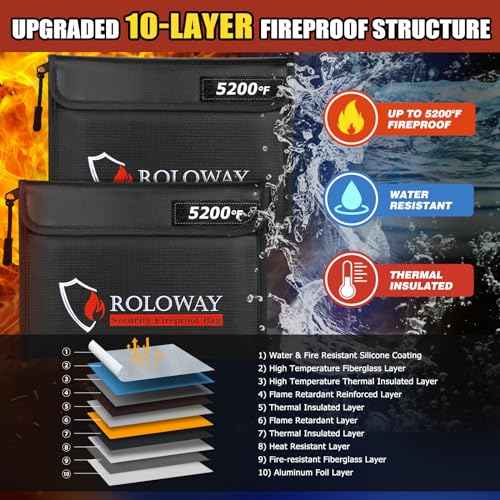 ROLOWAY Fireproof Bag (9.6 x 6.6 inches) 5200¢µ Heat Insulated, Fireproof Money Bag with Zipper for Cash (2-Pack Black)