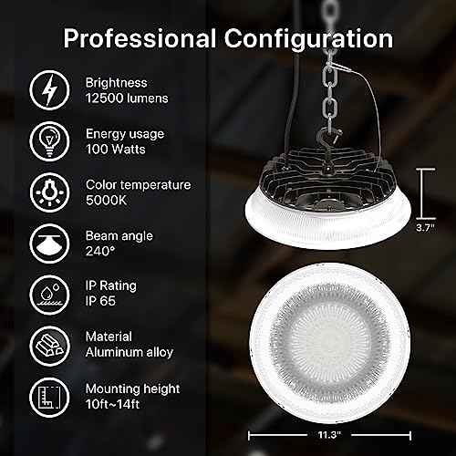 HYPERLITE LED High Bay Light with Reflector 100W 12500LM 5000K Daylight, High Bay LED Lights with US Plug for 10-14FT Garage Shop Barn