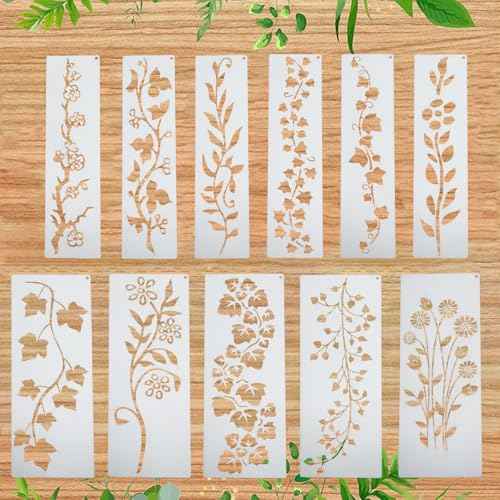 12pcs Vine Border Stencil Leaf Stencils for Painting, Reusable Floral Drawing Templates for DIY Crafts on Wood, Canvas, Furniture, and Home Decoration