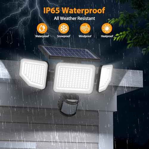Onforu 4500LM Solar Lights Outdoor, 3 Heads Security Lights with Remote Control, IP65 Waterproof Motion Sensor Lights, 3 Modes Flood Lights for Wall, Porch, Yard, Outside, 3 Pack